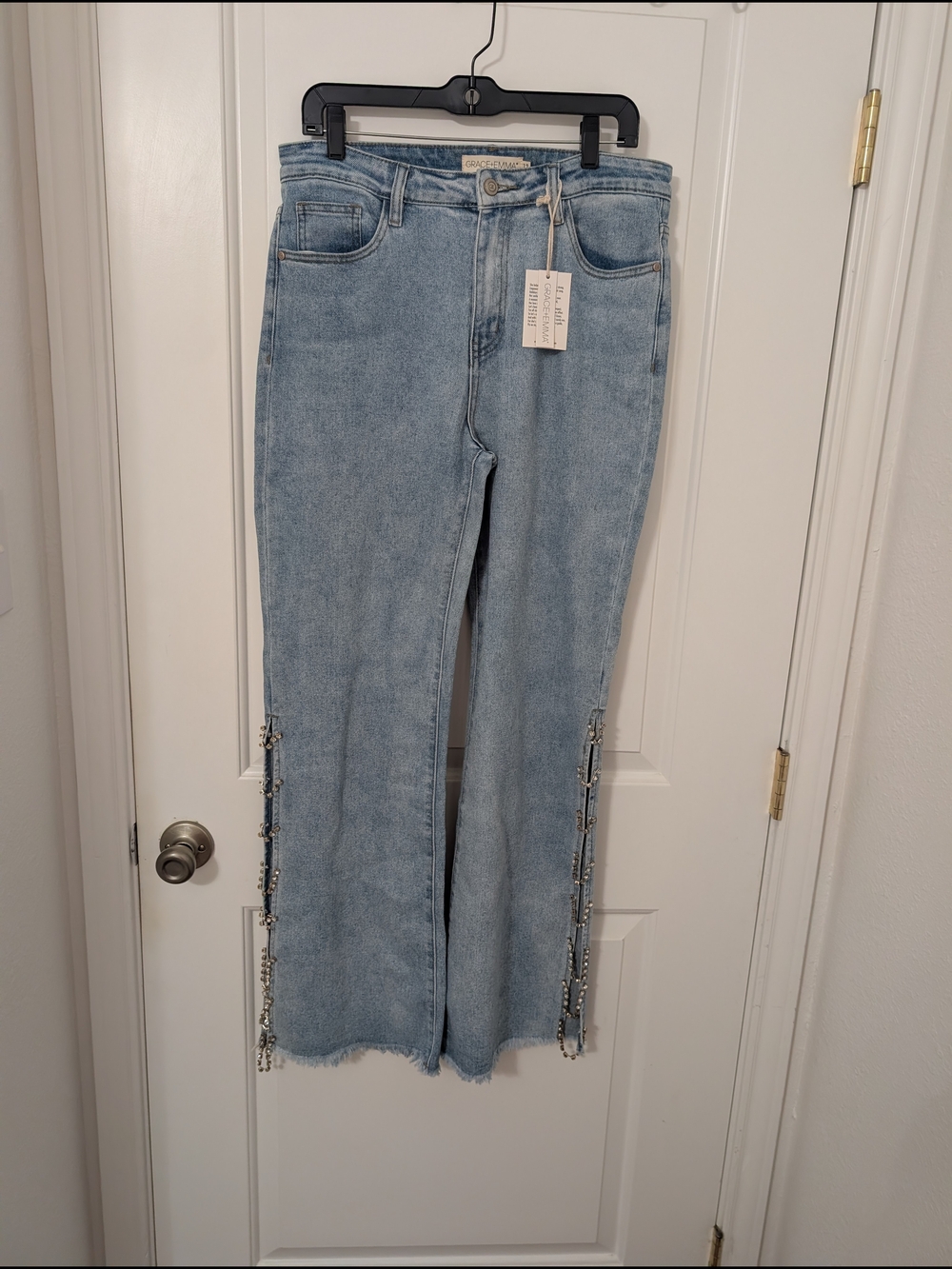 Grace + Emma Size 12 Rhinestone Side Slit Wide Leg Jeans NWT Y2K